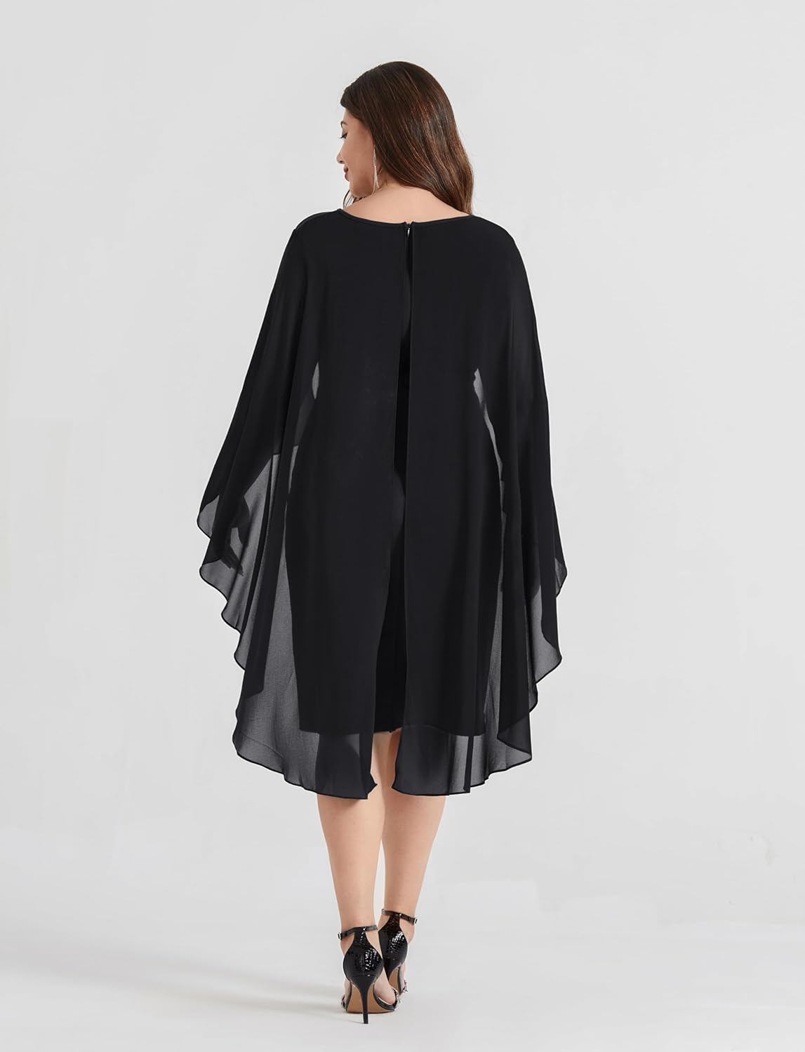 Hanna Nikole Womens Plus Size Chiffon Cape Dress Crew Neck Wedding Guest Dresses Ruched Bodycon Cocktail Pencil Dress - Image 3