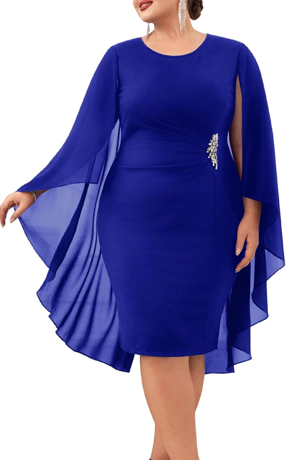 Hanna Nikole Womens Plus Size Chiffon Cape Dress Crew Neck Wedding Guest Dresses Ruched Bodycon Cocktail Pencil Dress - Image 12