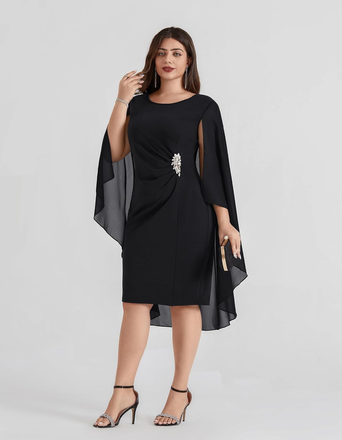 Hanna Nikole Womens Plus Size Chiffon Cape Dress Crew Neck Wedding Guest Dresses Ruched Bodycon Cocktail Pencil Dress - Image 7