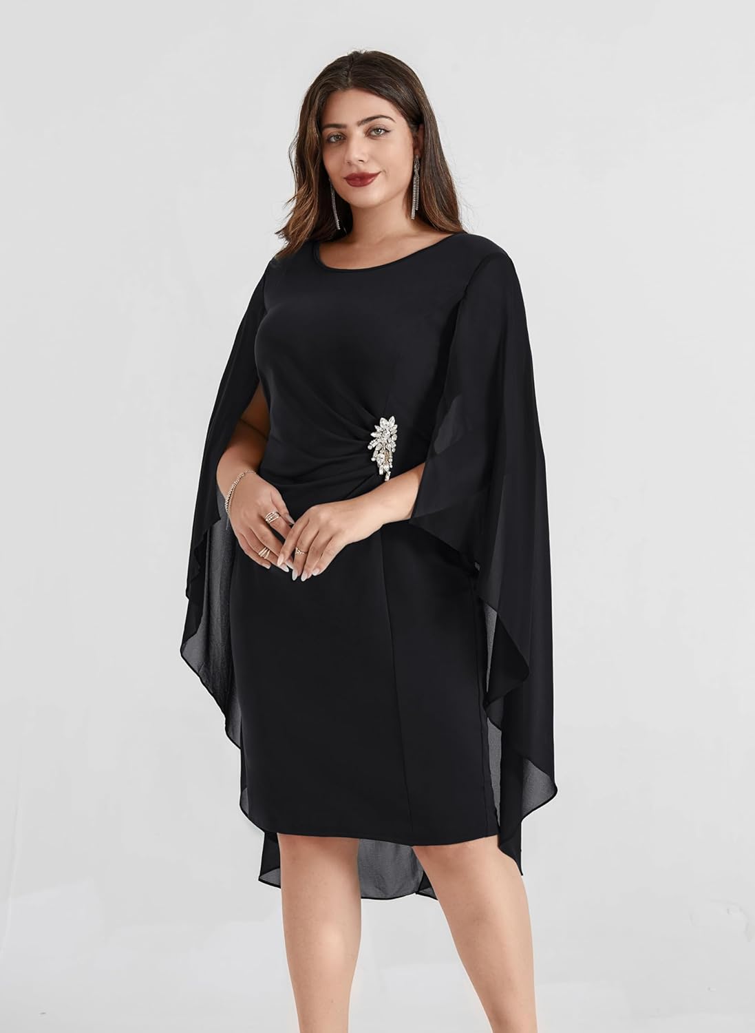 Hanna Nikole Womens Plus Size Chiffon Cape Dress Crew Neck Wedding Guest Dresses Ruched Bodycon Cocktail Pencil Dress - Image 4