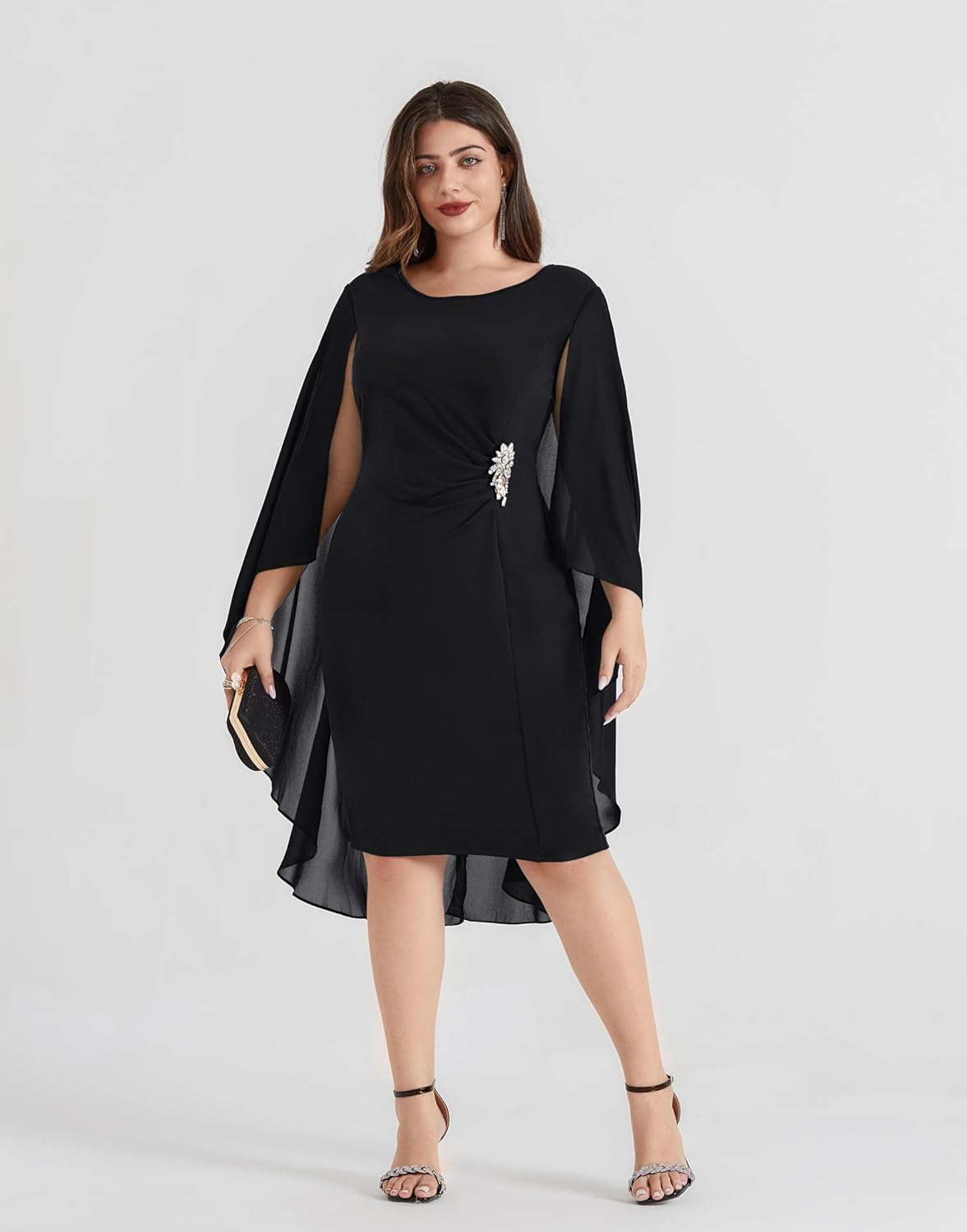 Hanna Nikole Womens Plus Size Chiffon Cape Dress Crew Neck Wedding Guest Dresses Ruched Bodycon Cocktail Pencil Dress - Image 2