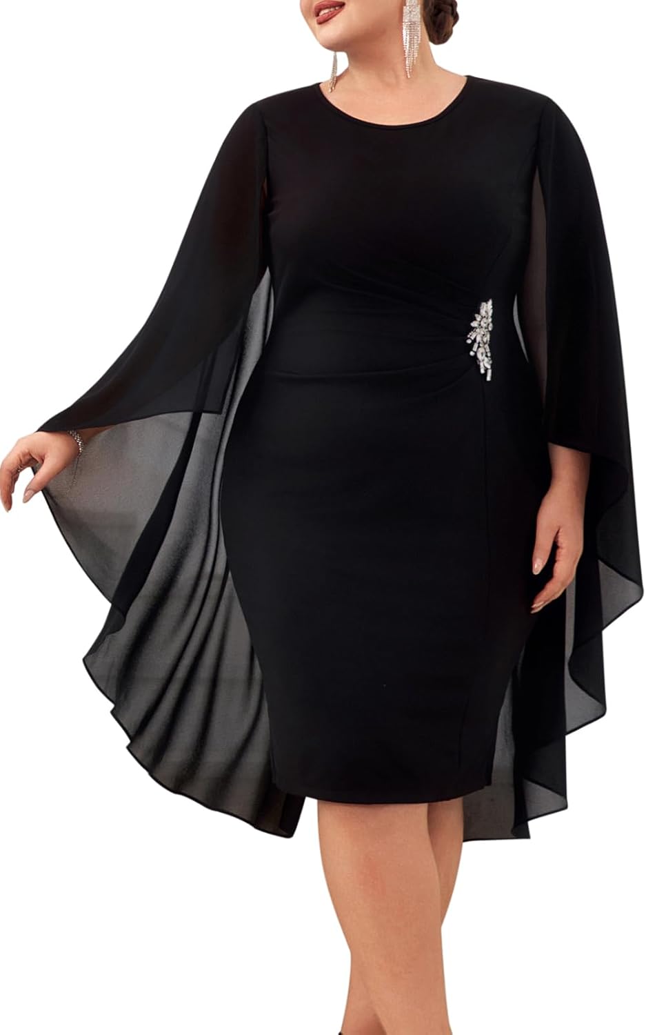 Hanna Nikole Womens Plus Size Chiffon Cape Dress Crew Neck Wedding Guest Dresses Ruched Bodycon Cocktail Pencil Dress