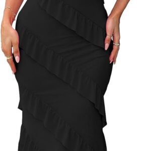 HOCILLE Women's Sexy V Neck Backless Bodycon Spaghetti Strap Elegant Ruffle Maxi Cocktail Party Dresses