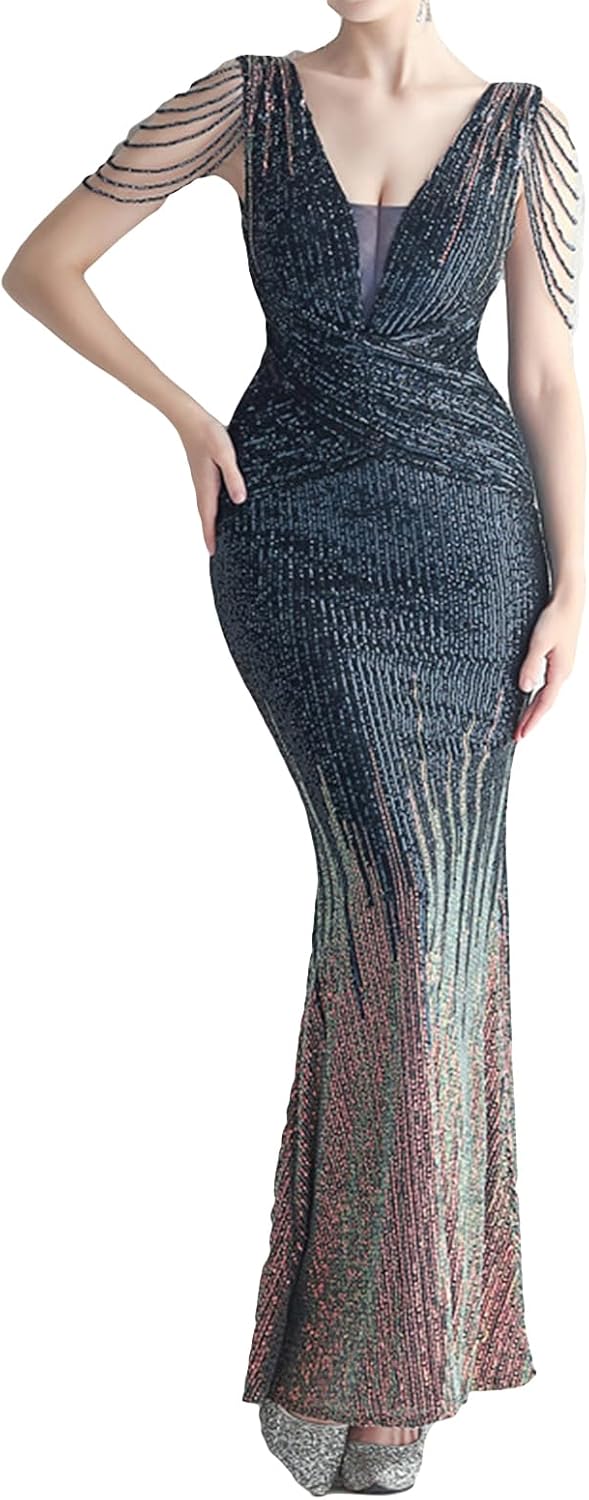 houstil Women's Tassels Sleeve Sequin Evening Gown 1920s Formal Maxi Wedding Guest Holiday Party Cocktail Dresses - Image 12