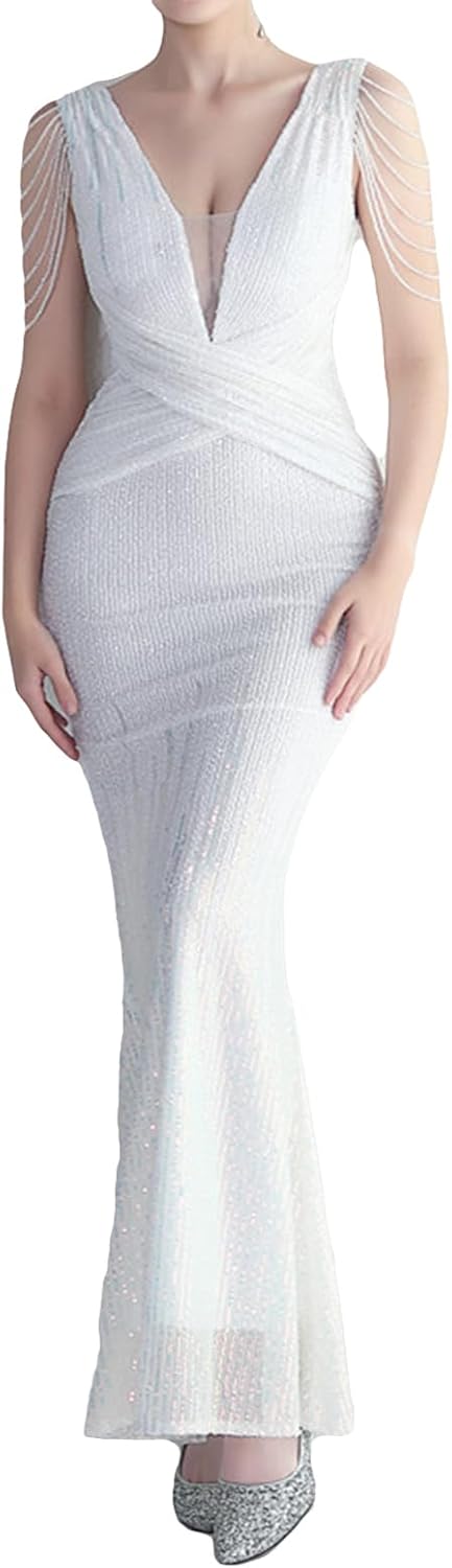 houstil Women's Tassels Sleeve Sequin Evening Gown 1920s Formal Maxi Wedding Guest Holiday Party Cocktail Dresses - Image 11