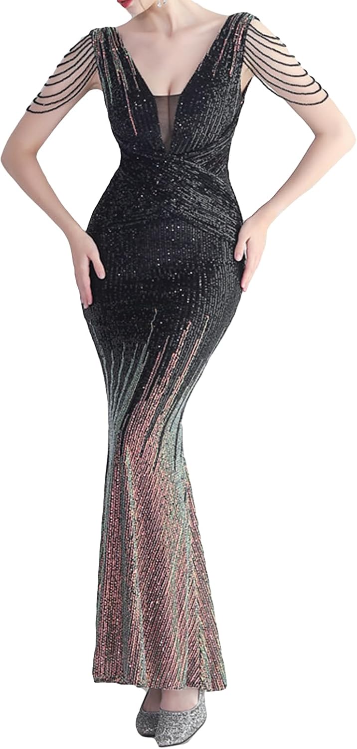 houstil Women's Tassels Sleeve Sequin Evening Gown 1920s Formal Maxi Wedding Guest Holiday Party Cocktail Dresses - Image 10