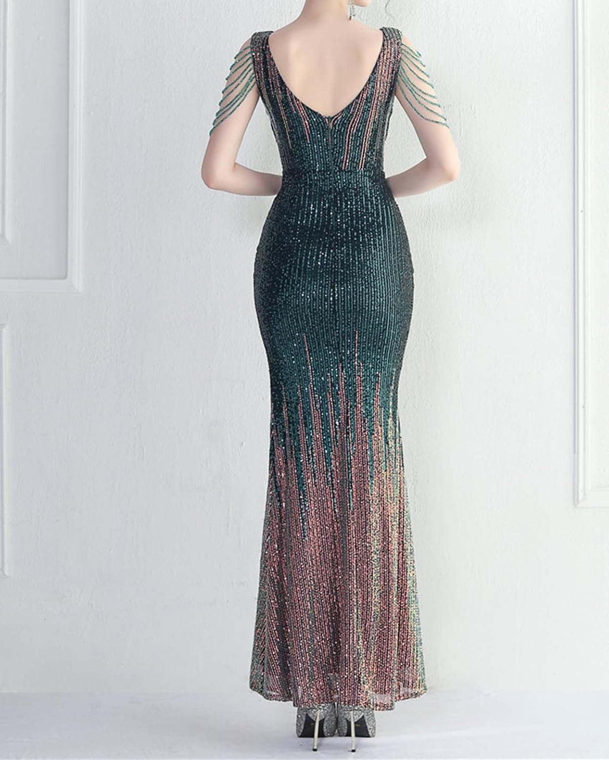 houstil Women's Tassels Sleeve Sequin Evening Gown 1920s Formal Maxi Wedding Guest Holiday Party Cocktail Dresses - Image 2