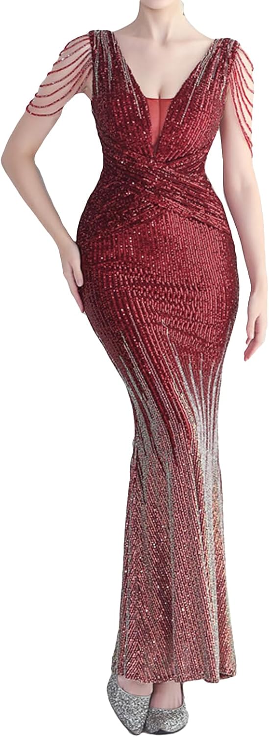 houstil Women's Tassels Sleeve Sequin Evening Gown 1920s Formal Maxi Wedding Guest Holiday Party Cocktail Dresses - Image 13