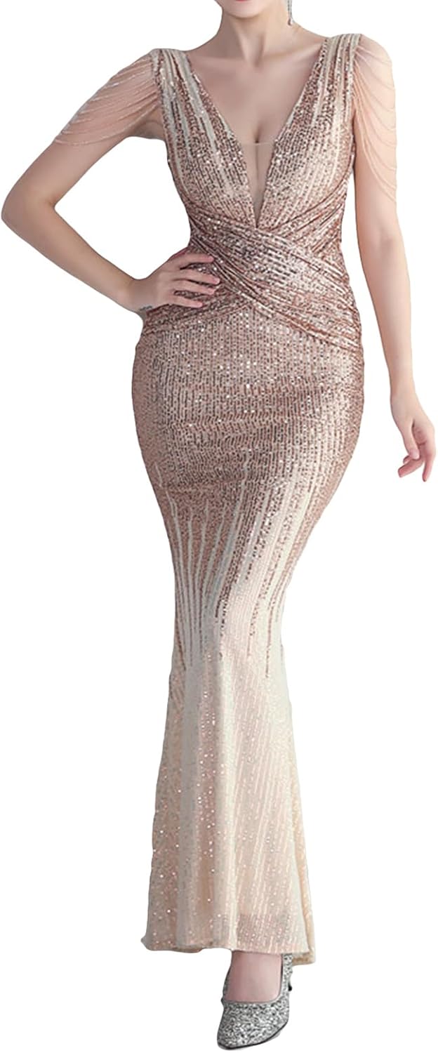 houstil Women's Tassels Sleeve Sequin Evening Gown 1920s Formal Maxi Wedding Guest Holiday Party Cocktail Dresses - Image 14