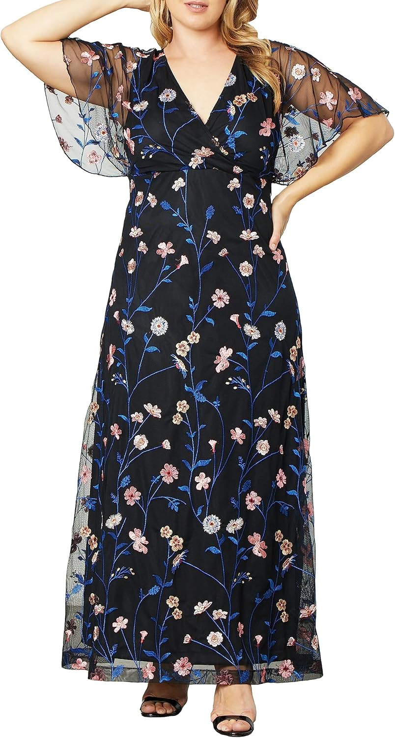 Kiyonna Women's Plus Size Floral Embroidered Elegance Evening Gown | Flattering Long Formal Mesh Dress w\/Sleeves - Image 5