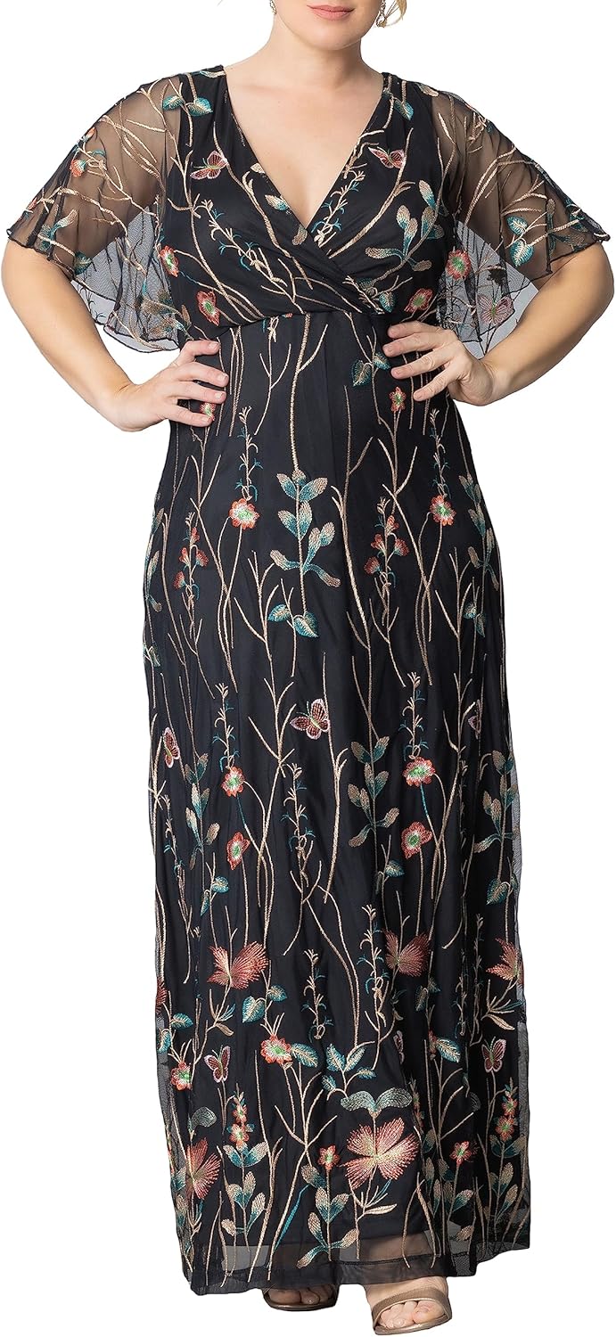 Kiyonna Women's Plus Size Floral Embroidered Elegance Evening Gown | Flattering Long Formal Mesh Dress w\/Sleeves