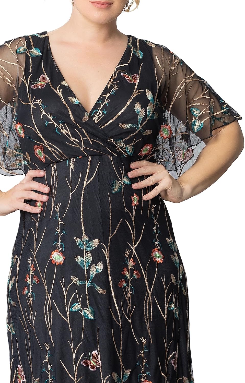 Kiyonna Women's Plus Size Floral Embroidered Elegance Evening Gown | Flattering Long Formal Mesh Dress w\/Sleeves - Image 2