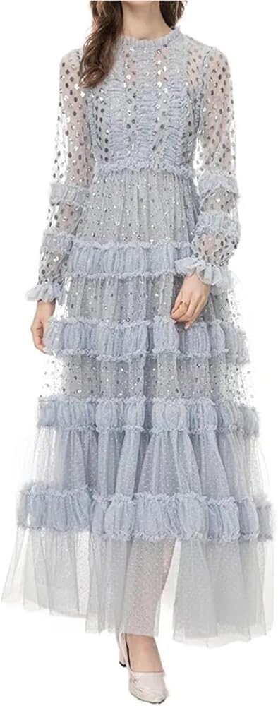 KswyyuwxgqI Women's Long Sleeve Sequin Dress Mesh Patchwork Perspective O-Neck Evening Dresses