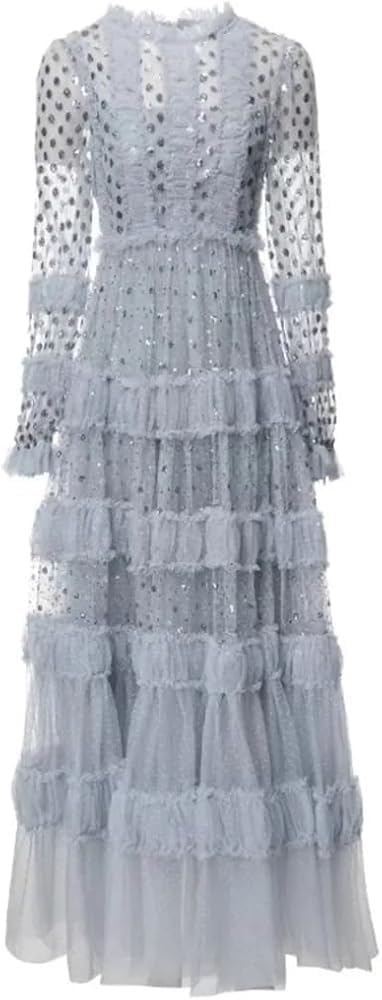 KswyyuwxgqI Women's Long Sleeve Sequin Dress Mesh Patchwork Perspective O-Neck Evening Dresses - Image 3