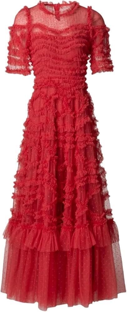 KswyyuwxgqI Women's O-Neck Ball Gown Dresses Mesh Zipper Short Sleeve Striped Holiday Evening Formal Long Dress - Image 6