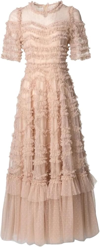 KswyyuwxgqI Women's O-Neck Ball Gown Dresses Mesh Zipper Short Sleeve Striped Holiday Evening Formal Long Dress