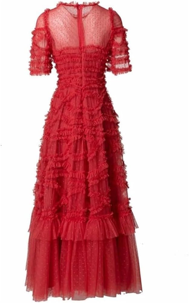 KswyyuwxgqI Women's O-Neck Ball Gown Dresses Mesh Zipper Short Sleeve Striped Holiday Evening Formal Long Dress - Image 2