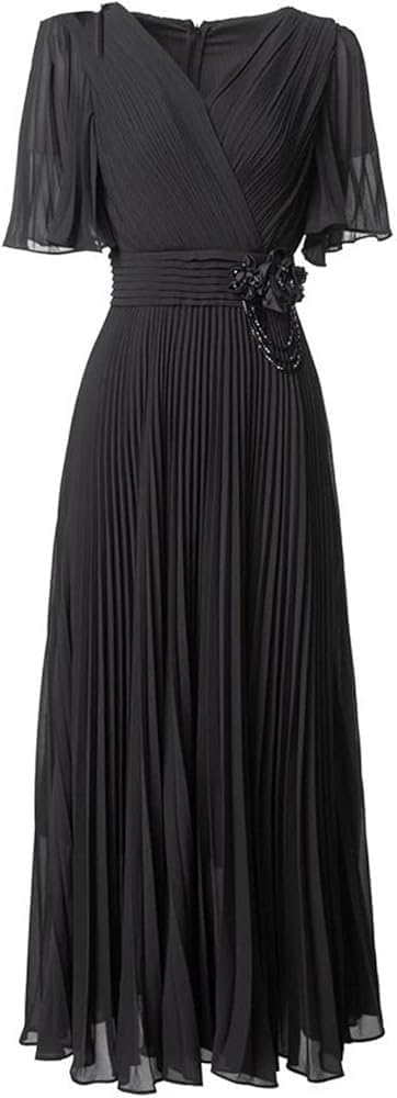 KswyyuwxgqI Women's V-Neck Vintage Black Beaded Dress Short Sleeve Pleated Design Party Dresses Retro Evening Gown - Image 2