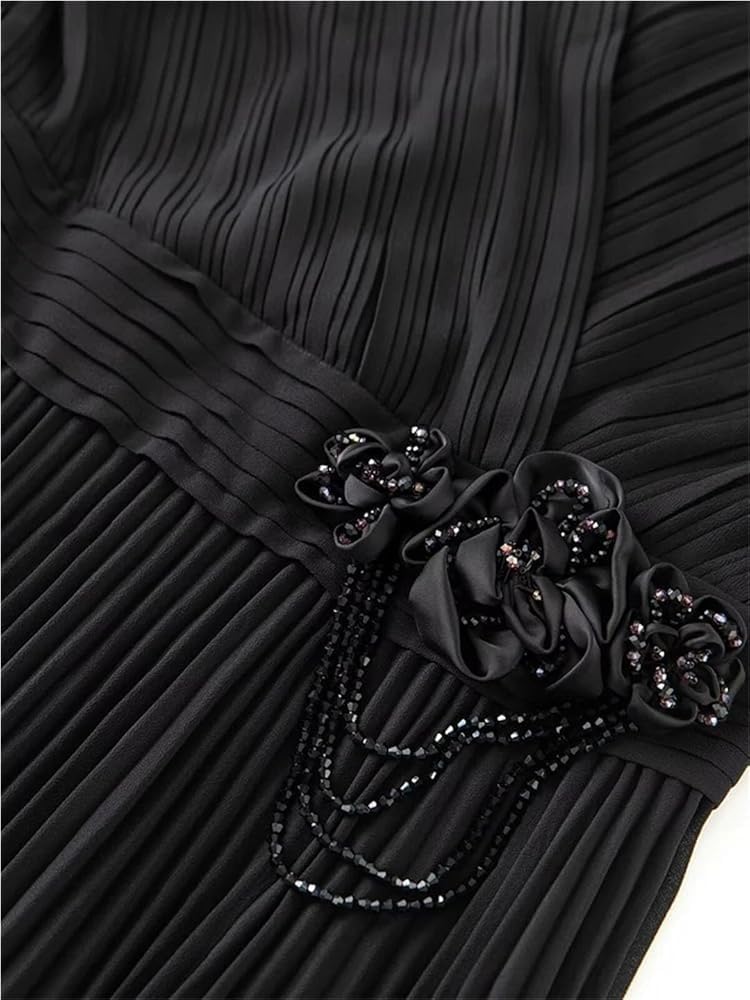 KswyyuwxgqI Women's V-Neck Vintage Black Beaded Dress Short Sleeve Pleated Design Party Dresses Retro Evening Gown - Image 5