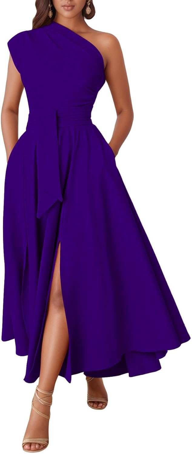 Kwunbwa One Shoulder Dresses for Women Elegant Asymmetrical A Line Flowy Formal Evening Gowns Party Cocktail Dress - Image 7