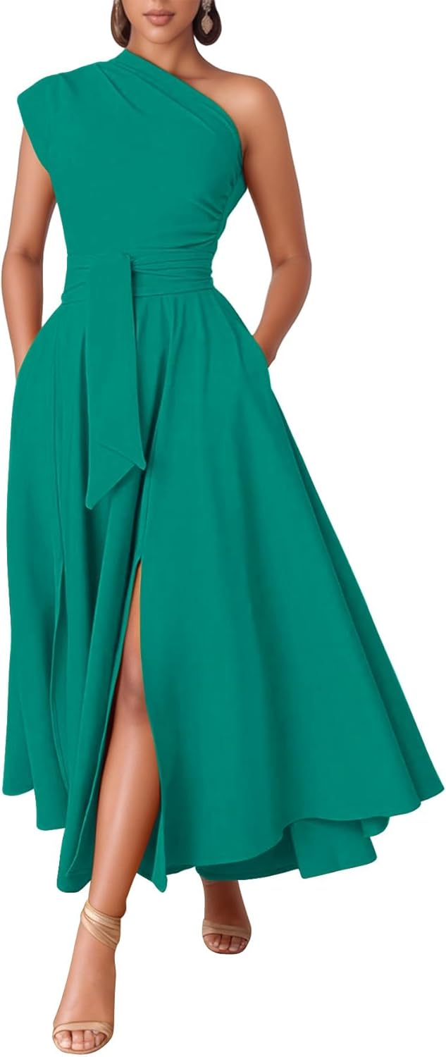 Kwunbwa One Shoulder Dresses for Women Elegant Asymmetrical A Line Flowy Formal Evening Gowns Party Cocktail Dress - Image 9
