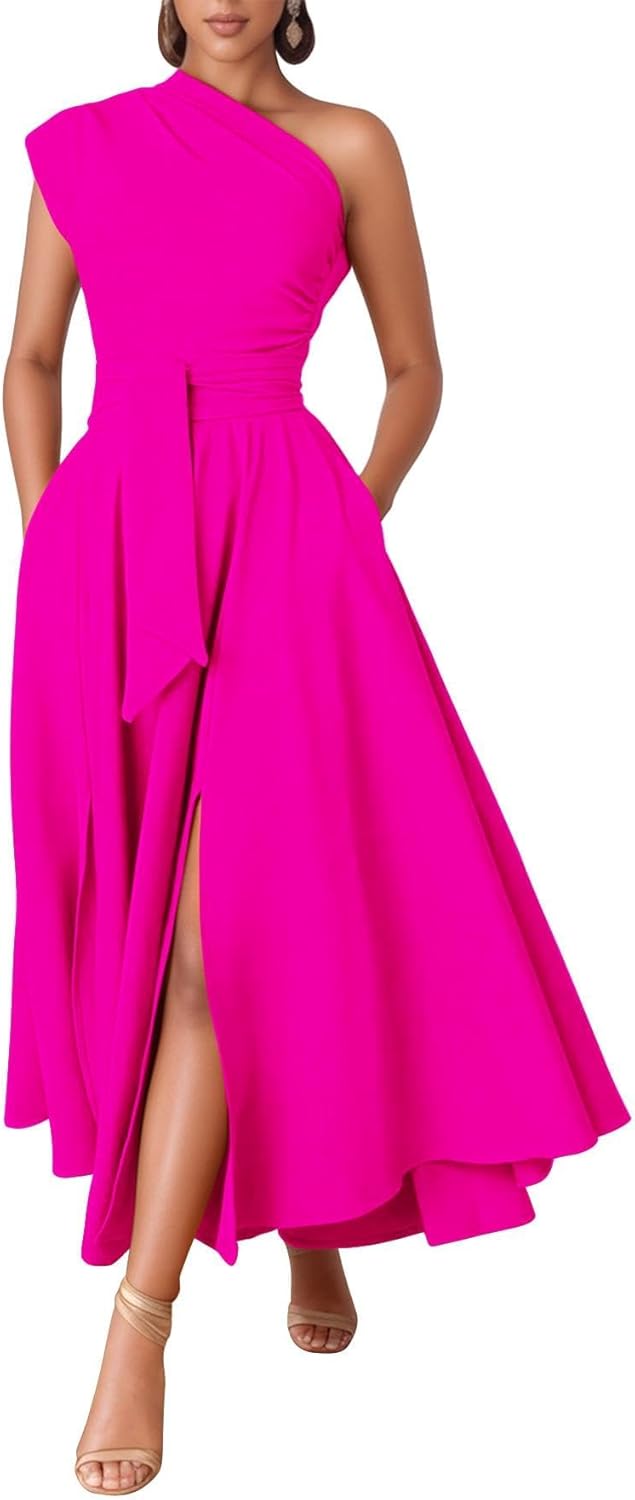 Kwunbwa One Shoulder Dresses for Women Elegant Asymmetrical A Line Flowy Formal Evening Gowns Party Cocktail Dress - Image 11