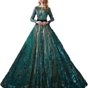 Lamourbear Women's Backless Drawstring Sequin Long Sleeves Evening Dress A Line Empire Waist Chapel Train Prom Party Gown