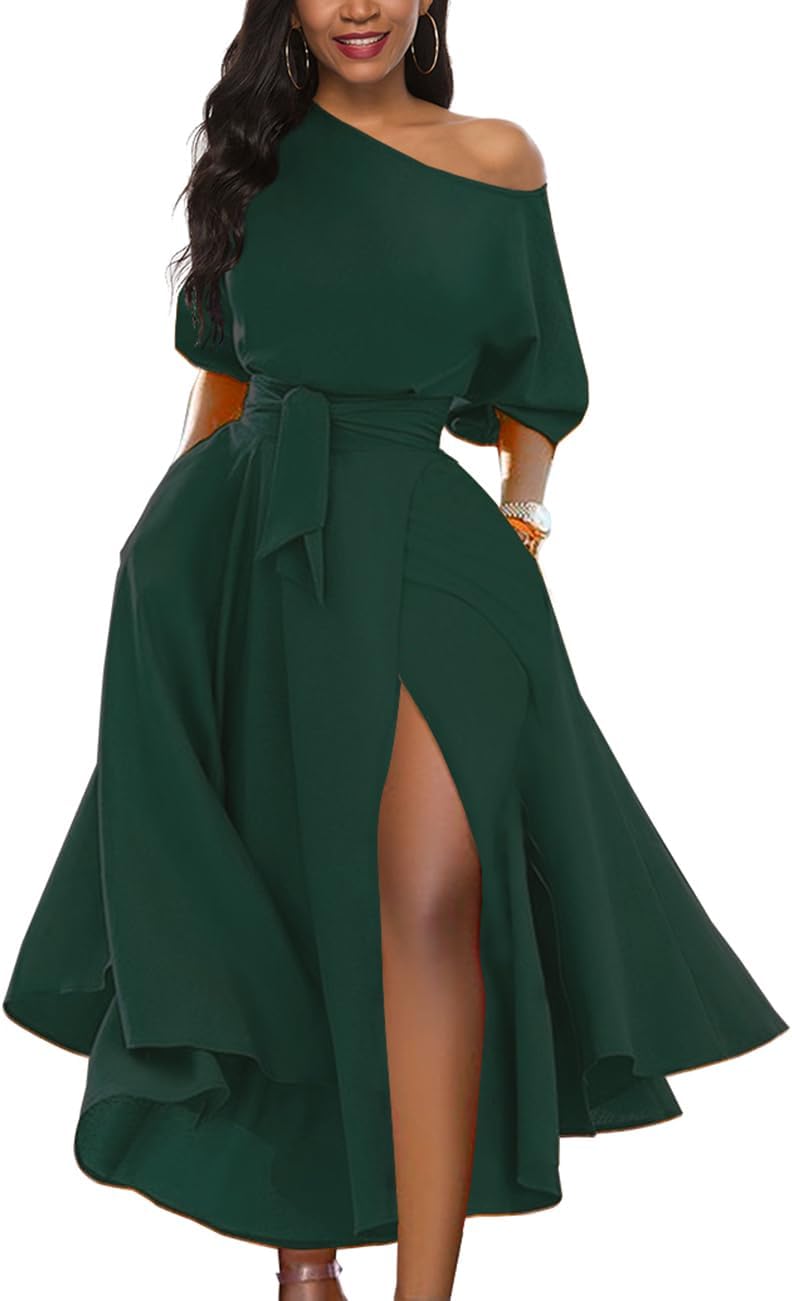 LILYIN Women\u2019s Elegant Off Shoulder Short Sleeve Belted Side Slit Cocktail Party Swing Dress with Pockets - Image 8