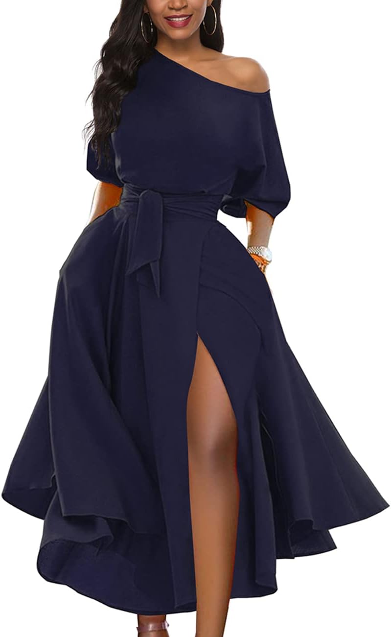 LILYIN Women\u2019s Elegant Off Shoulder Short Sleeve Belted Side Slit Cocktail Party Swing Dress with Pockets - Image 10