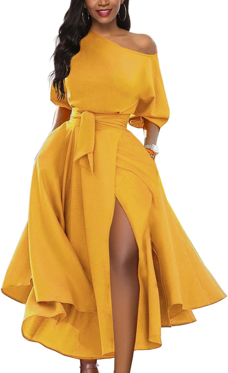 LILYIN Women\u2019s Elegant Off Shoulder Short Sleeve Belted Side Slit Cocktail Party Swing Dress with Pockets - Image 9