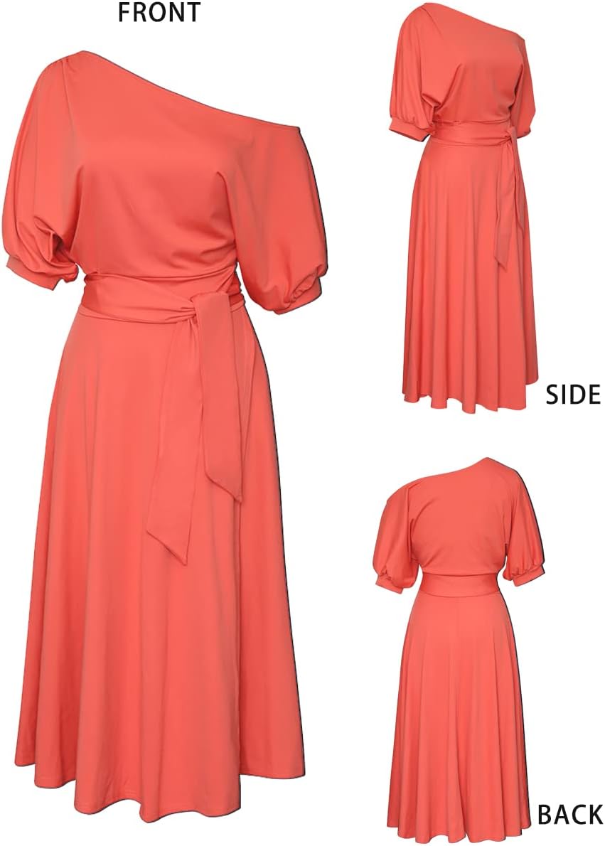 LILYIN Women\u2019s Elegant Off Shoulder Short Sleeve Belted Side Slit Cocktail Party Swing Dress with Pockets - Image 4