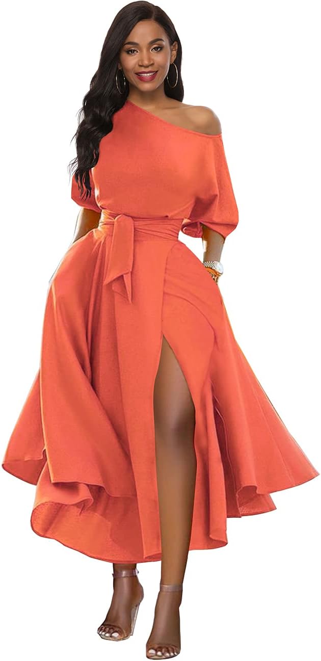 LILYIN Women\u2019s Elegant Off Shoulder Short Sleeve Belted Side Slit Cocktail Party Swing Dress with Pockets - Image 2
