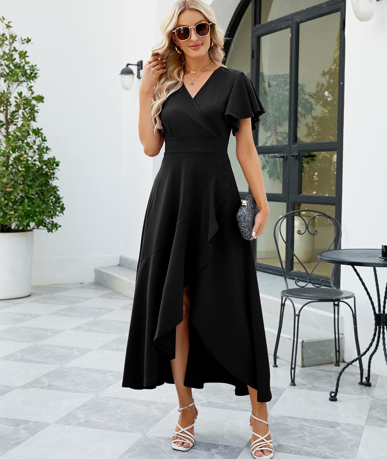 Long Black Formal Dresses for Women Gowns Evening Party Cocktail Dress,Split Elegant V Neck Wrap Ruffle Wedding Guest Dresses - Image 6