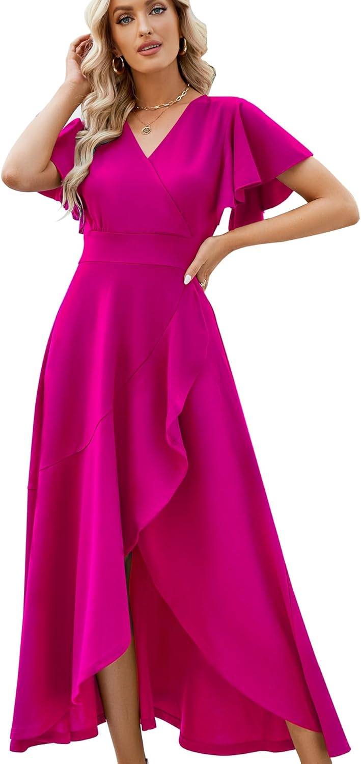 Long Black Formal Dresses for Women Gowns Evening Party Cocktail Dress,Split Elegant V Neck Wrap Ruffle Wedding Guest Dresses - Image 9