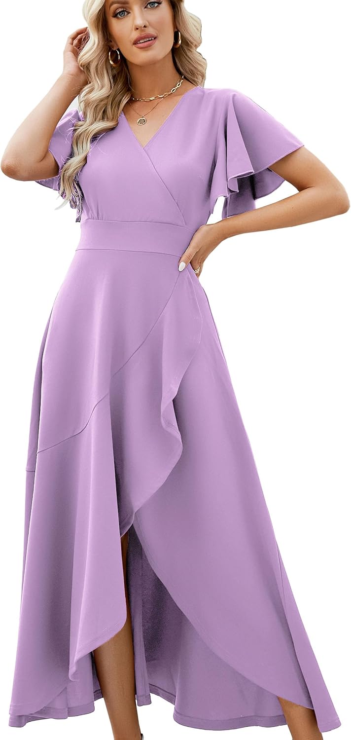 Long Black Formal Dresses for Women Gowns Evening Party Cocktail Dress,Split Elegant V Neck Wrap Ruffle Wedding Guest Dresses - Image 8