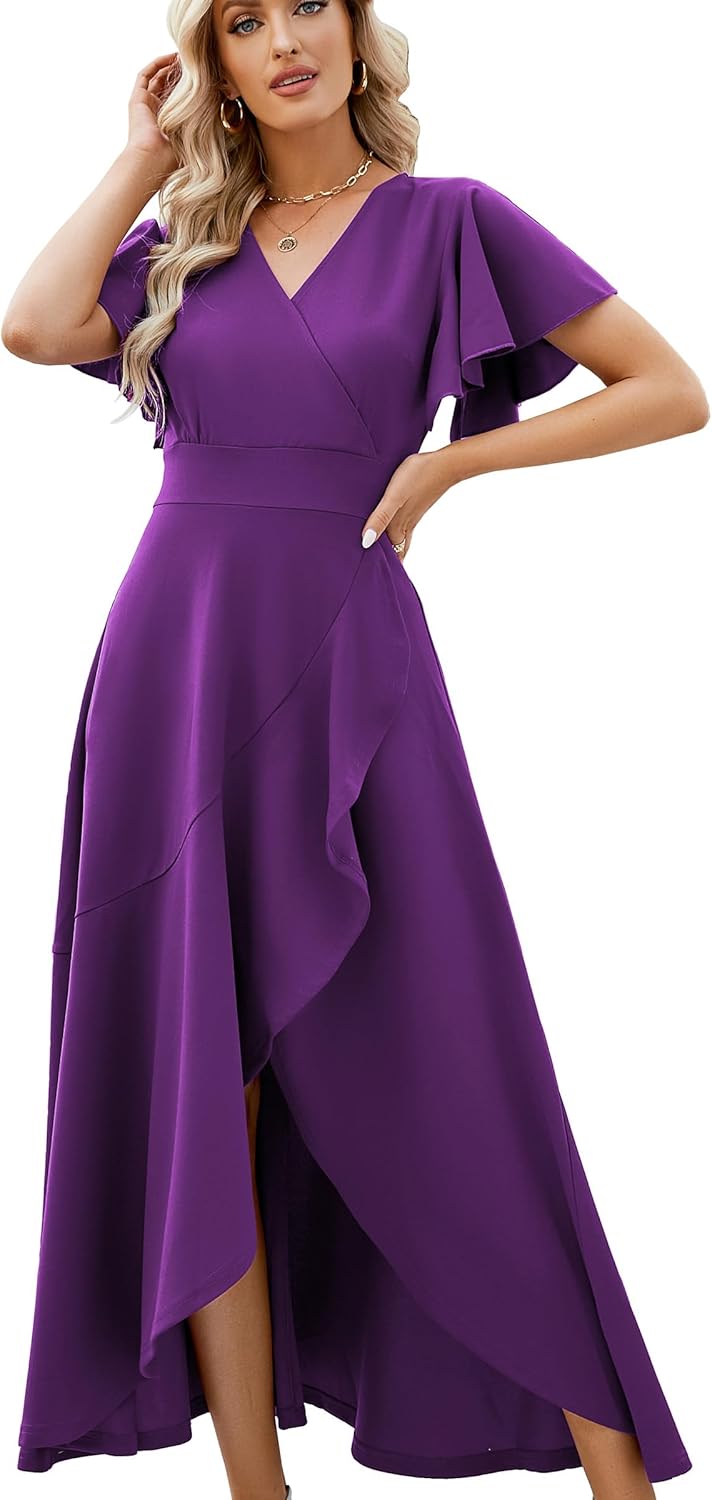 Long Black Formal Dresses for Women Gowns Evening Party Cocktail Dress,Split Elegant V Neck Wrap Ruffle Wedding Guest Dresses - Image 14