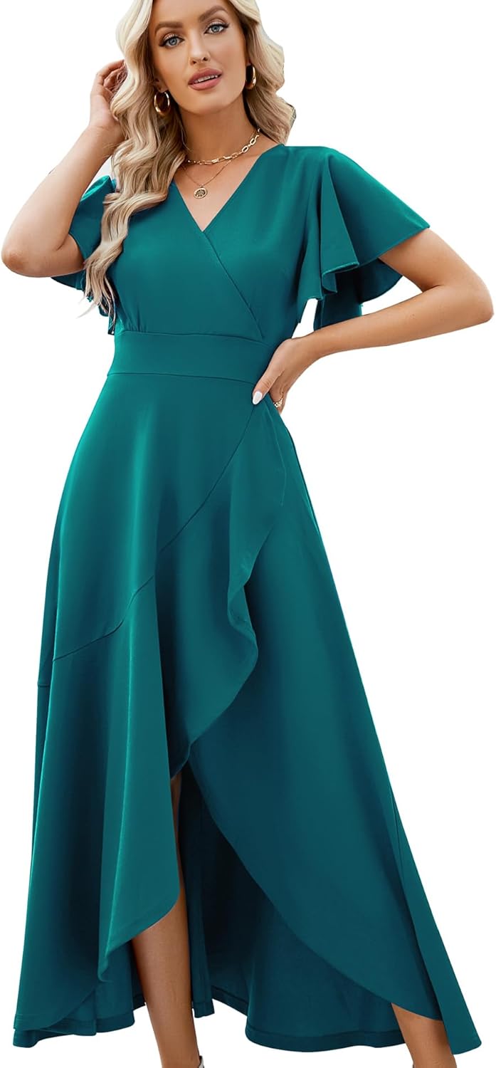 Long Black Formal Dresses for Women Gowns Evening Party Cocktail Dress,Split Elegant V Neck Wrap Ruffle Wedding Guest Dresses - Image 12