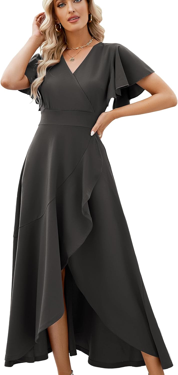 Long Black Formal Dresses for Women Gowns Evening Party Cocktail Dress,Split Elegant V Neck Wrap Ruffle Wedding Guest Dresses - Image 23
