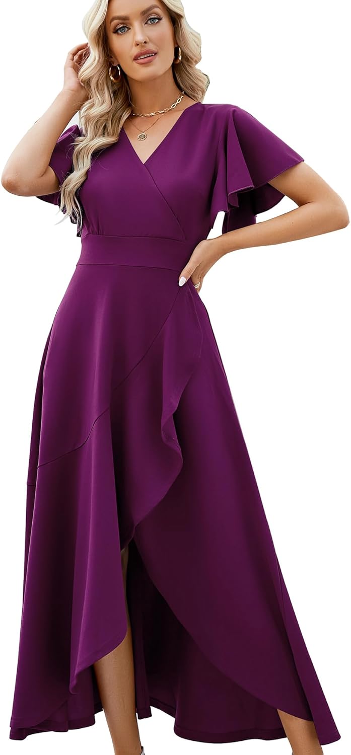 Long Black Formal Dresses for Women Gowns Evening Party Cocktail Dress,Split Elegant V Neck Wrap Ruffle Wedding Guest Dresses - Image 13
