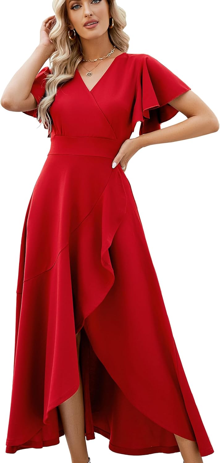 Long Black Formal Dresses for Women Gowns Evening Party Cocktail Dress,Split Elegant V Neck Wrap Ruffle Wedding Guest Dresses - Image 7
