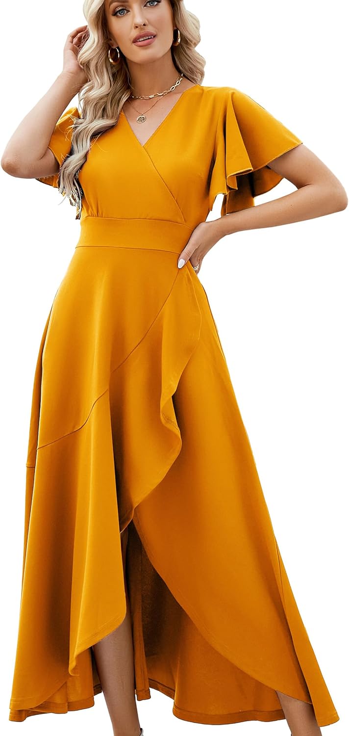Long Black Formal Dresses for Women Gowns Evening Party Cocktail Dress,Split Elegant V Neck Wrap Ruffle Wedding Guest Dresses - Image 17