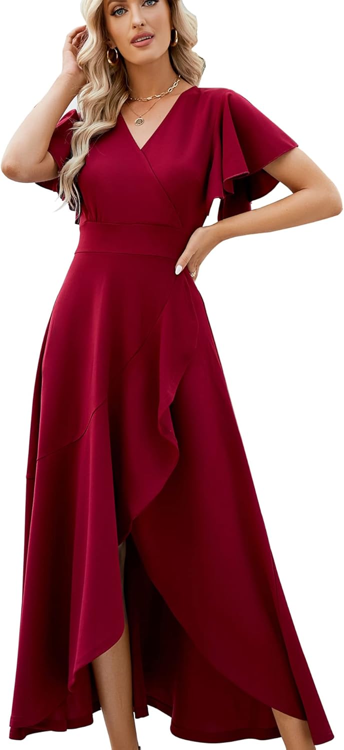Long Black Formal Dresses for Women Gowns Evening Party Cocktail Dress,Split Elegant V Neck Wrap Ruffle Wedding Guest Dresses - Image 22