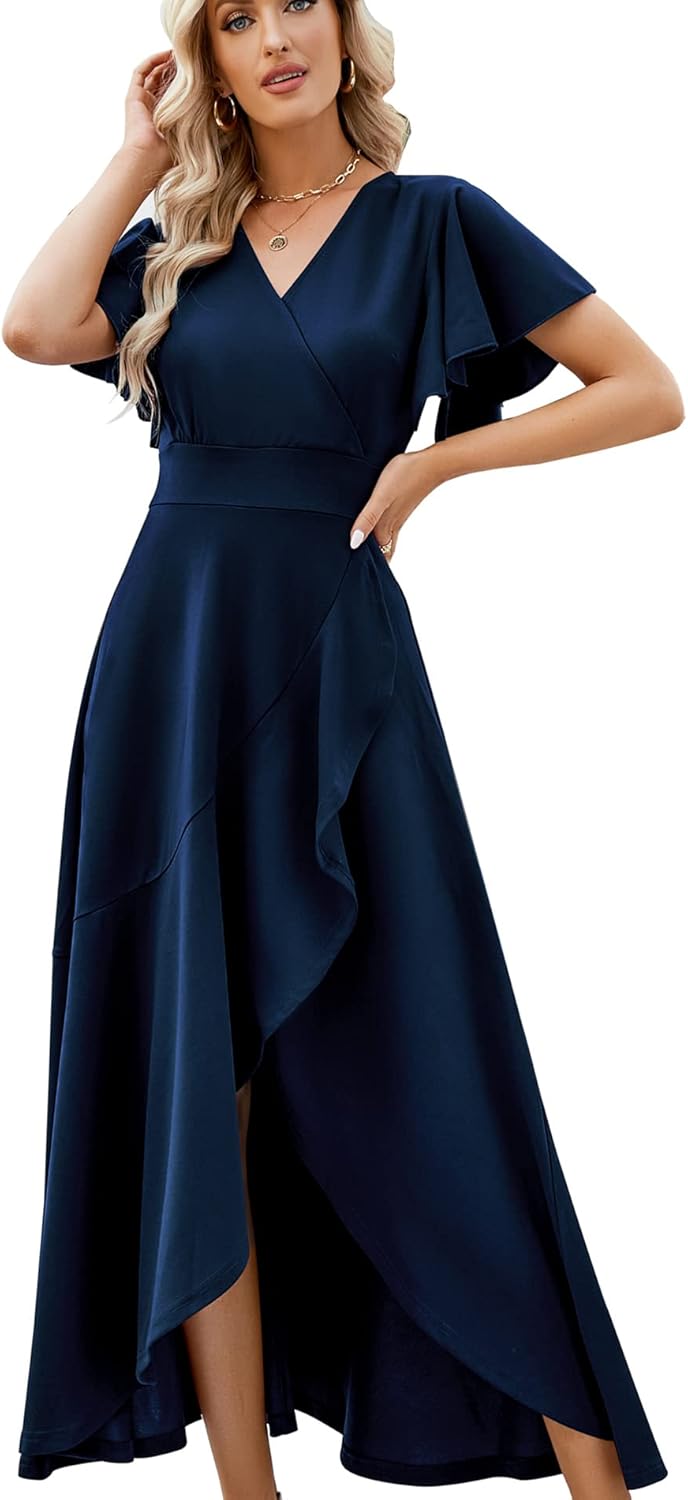 Long Black Formal Dresses for Women Gowns Evening Party Cocktail Dress,Split Elegant V Neck Wrap Ruffle Wedding Guest Dresses - Image 18