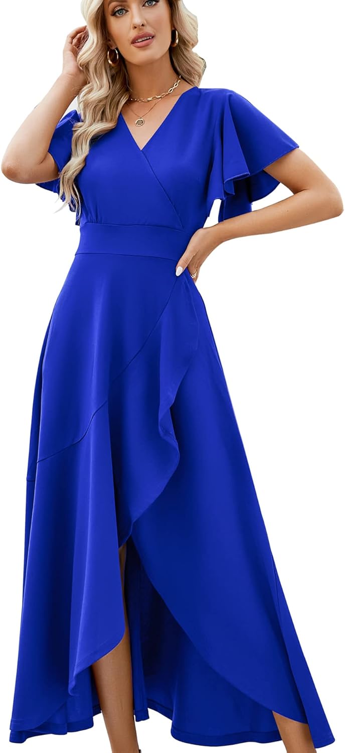 Long Black Formal Dresses for Women Gowns Evening Party Cocktail Dress,Split Elegant V Neck Wrap Ruffle Wedding Guest Dresses - Image 16