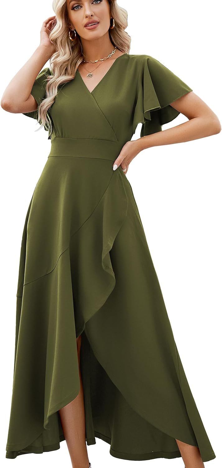 Long Black Formal Dresses for Women Gowns Evening Party Cocktail Dress,Split Elegant V Neck Wrap Ruffle Wedding Guest Dresses - Image 24