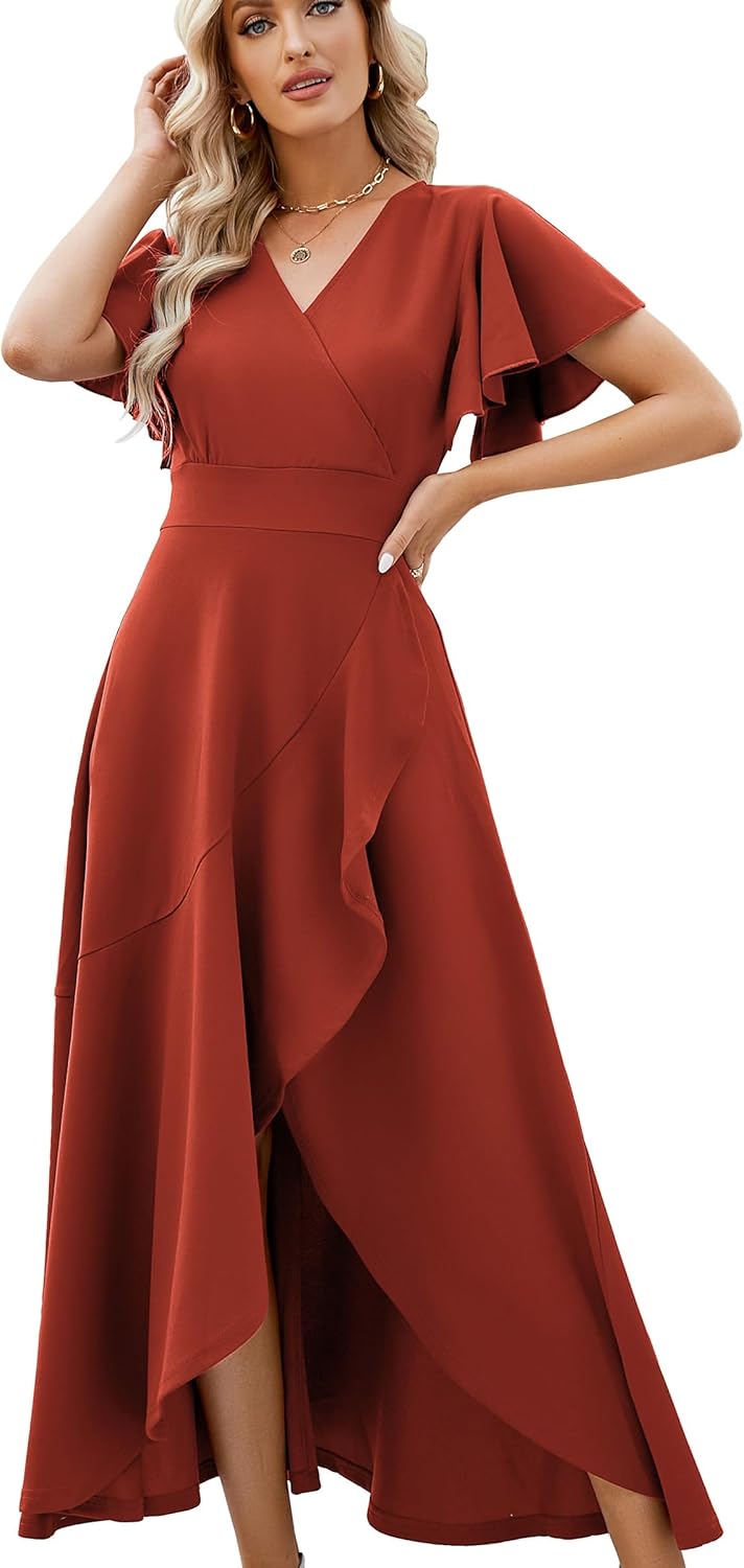 Long Black Formal Dresses for Women Gowns Evening Party Cocktail Dress,Split Elegant V Neck Wrap Ruffle Wedding Guest Dresses - Image 15