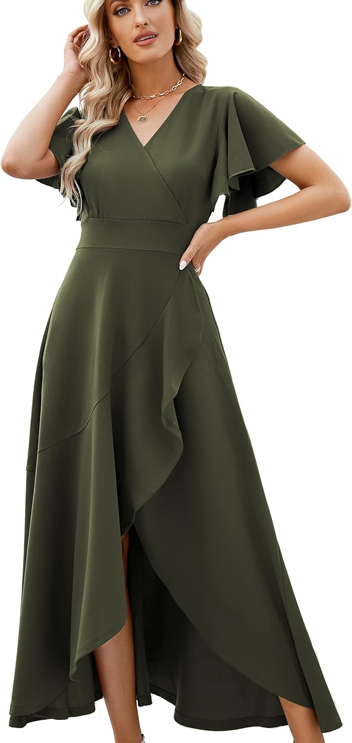 Long Black Formal Dresses for Women Gowns Evening Party Cocktail Dress,Split Elegant V Neck Wrap Ruffle Wedding Guest Dresses - Image 20