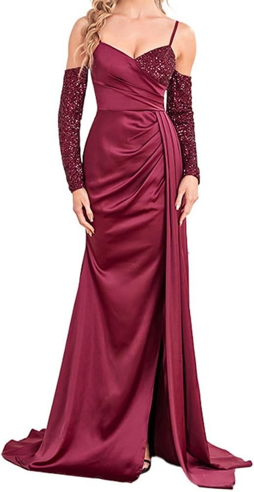 Long-Sleeved Backless Dress Burgundy with Flutted Party Evening Gown with V-Neck Halter