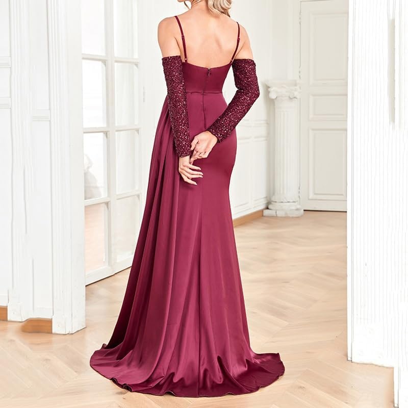 Long-Sleeved Backless Dress Burgundy with Flutted Party Evening Gown with V-Neck Halter - Image 3