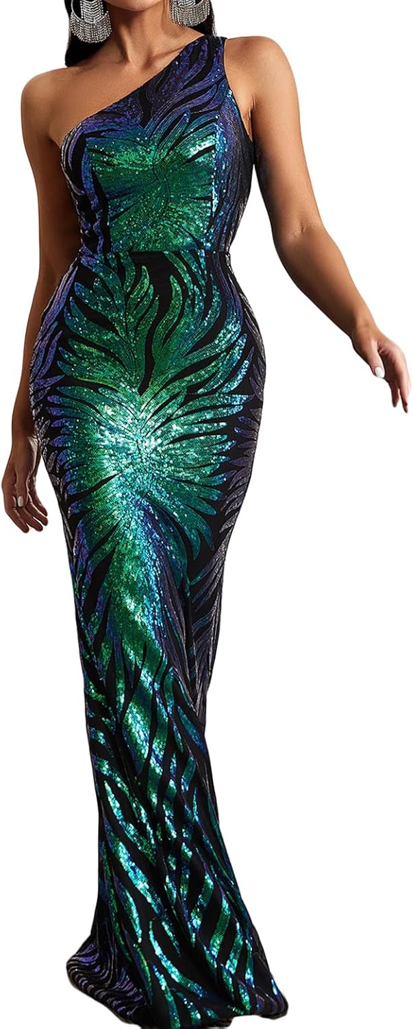 Madam Uniq 1920s Sequin Formal Dress One Shoulder Flower Evening Gowns for Women Long Fishtail Party Cocktail Dress